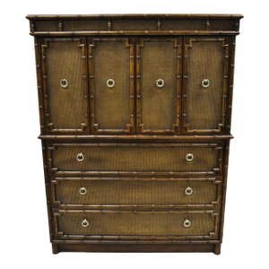 Drexel Chinese Chippendale Faux Bamboo Fretwork Rattan Tall Chest Dresser