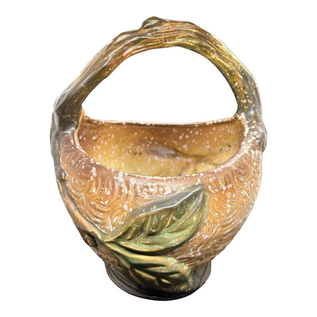 SEO-friendly, Collector-Grade 1920s Antique Weller Pottery “Malvern” Basket Vase, Arts & Crafts Leaf Motif For Sale