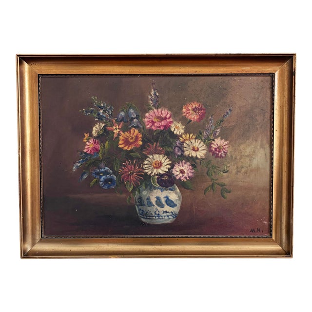 Vintage Original Floral Oil Painting With Blue and White Vase For Sale