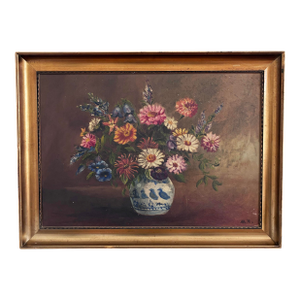 Vintage Original Floral Oil Painting With Blue and White Vase