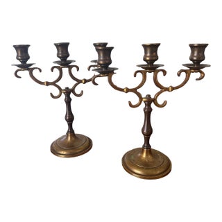 Mid 20th Century Pair of Heavy Brass Three-Light Candelabra | Dark Academia English Library Style For Sale