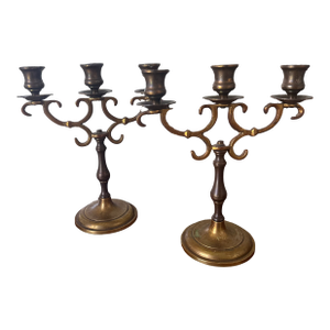 Mid 20th Century Pair of Heavy Brass Three-Light Candelabra | Dark Academia English Library Style
