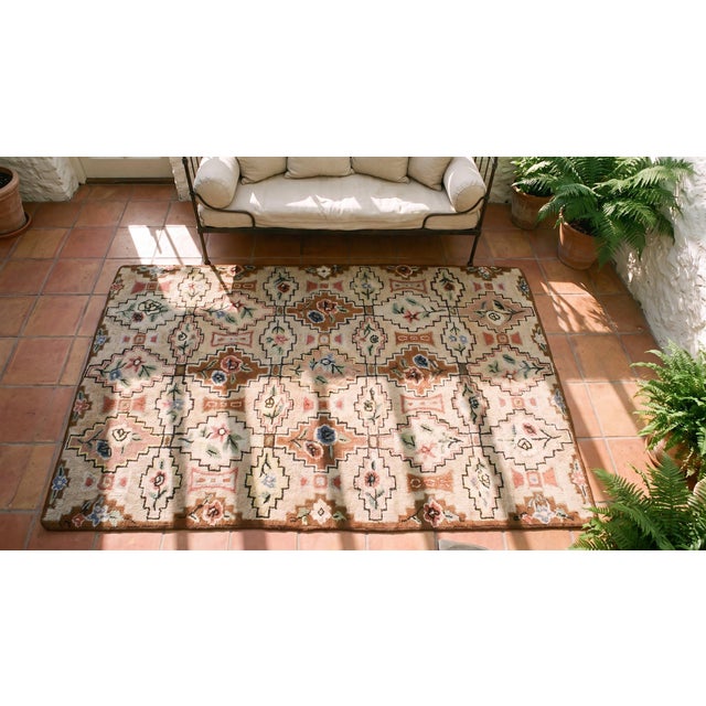 Wonderful Beige Background With Geometric Shapes and Floral Design Antique American Hooked Rug For Sale - Image 12 of 14