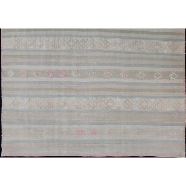 Flat-Weave Kilim With Embroideries in Taupe, Green, Blue and Gray For Sale - Image 4 of 13