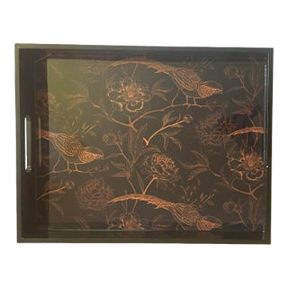 Chinoiserie Large Black Lacquer Bird and Floral Design Wooden Serving Tray For Sale