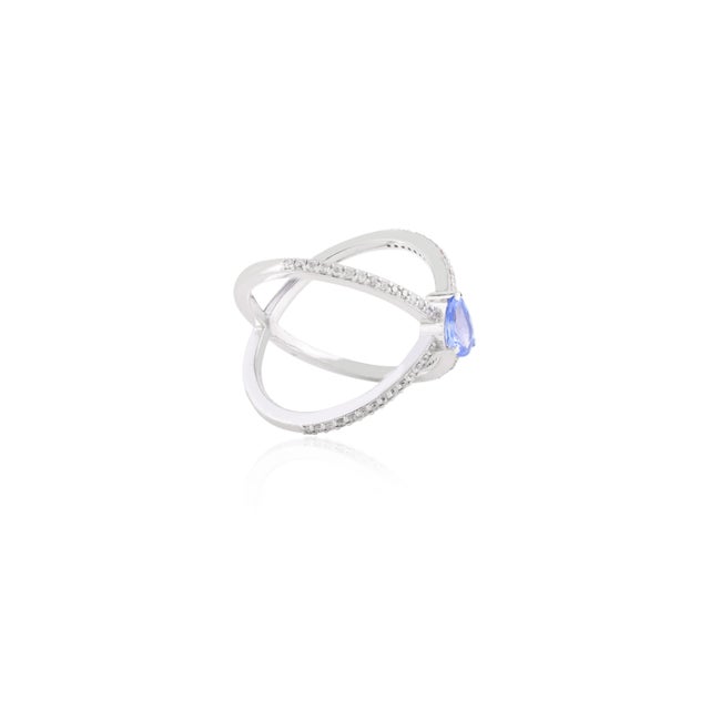 Metal Criss Cross X- Shaped Diamond Pear Sapphire Ring Size 5 For Sale - Image 7 of 11