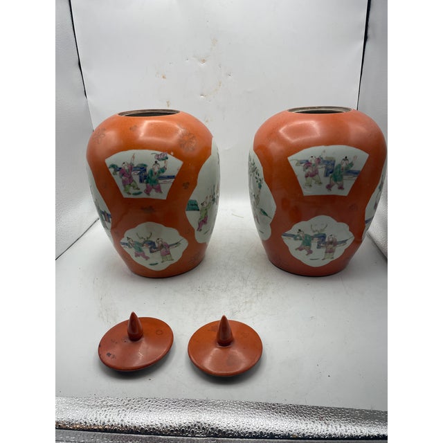 Mid 20th Century Pair of Chinese Hand Painted Jars For Sale - Image 5 of 10