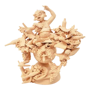 2011 Handmade Figurative Tan Clay Figurine, Bacchus - Dionysus With Wine Grapes Barrel