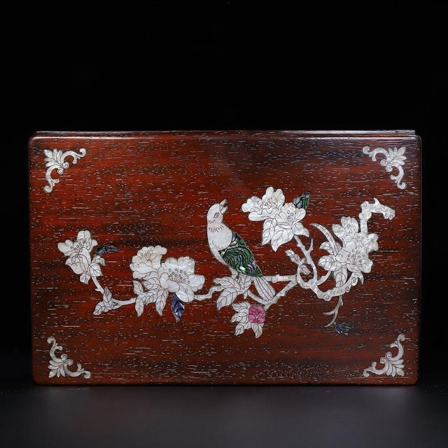 Late 20th Century Late 20th Century Wooden Lidded Box With Mother-of-Pearl Bird and Floral Inlay For Sale - Image 5 of 10
