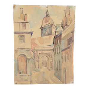 French School, 20th Century "The Old Village and Its Church" Watercolor, Circa 1935