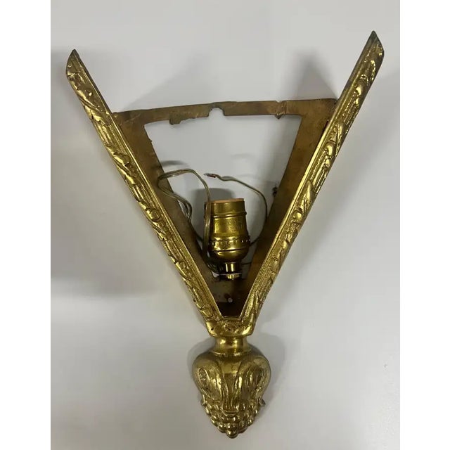 1930s French Art Deco Brass & Frosted Glass Shield Shaped Wall Sconce, a Pair For Sale - Image 14 of 14