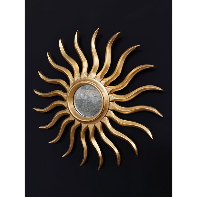 Mid-Century Modern Art Noveau Style Hand-Carved Giltwood Sunburst Mirror, Spain, 77cm For Sale - Image 3 of 6