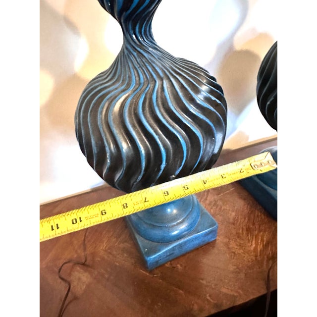 Pair of Mid 20th Century Two-Tone Blue Ceramic Swirl Statement Table Lamps For Sale - Image 12 of 12