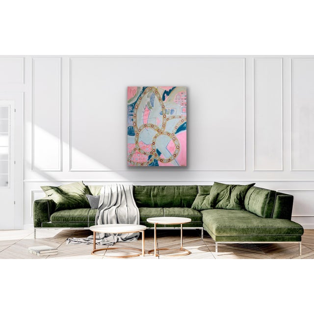 Abstract Large Contemporary Abstract Acrylic Painting – Pink, Teal & Circular Motif For Sale - Image 3 of 11