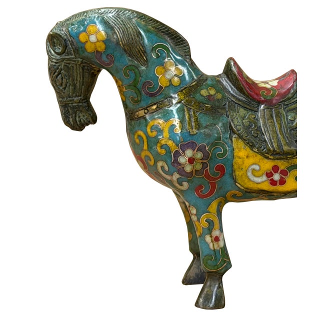 Blue Vintage Chinese Turquoise Blue Flower Cloisonné Enamel Horse Statue For Sale - Image 8 of 12