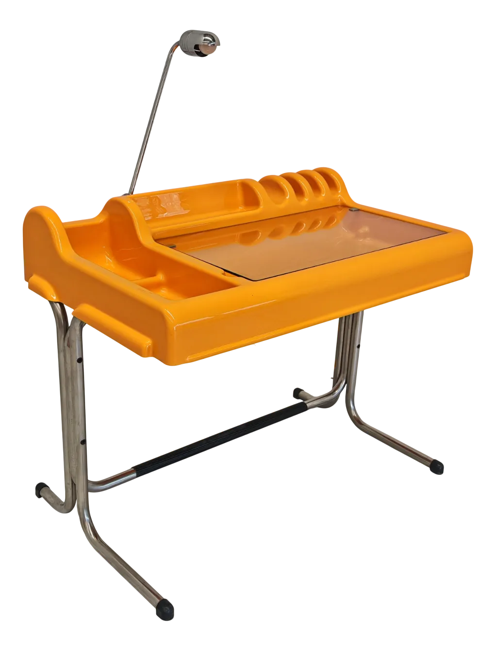 Bright orange vintage desk lamp with chrome stand on a white background.