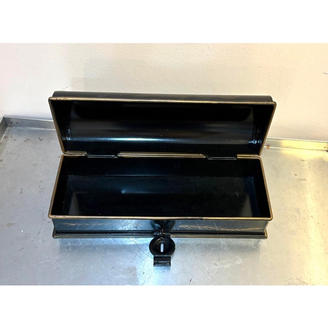 1950s-60s Chinese black lacquered metal hand-painted oblong hinge-top box. Some light surface scuffing in a couple of...