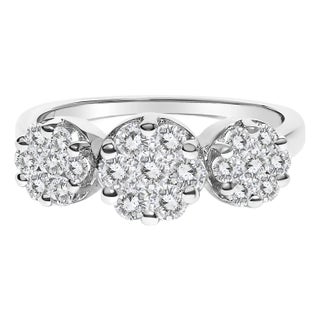 14K White Gold 1-1/4 Cttw Brilliant Cut Diamond Three Round Floral Clusters Engagement or Fashion Ring (H-I Color, SI2-I1 Clarity) - Size 6.5 For Sale