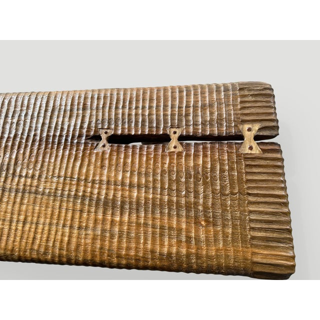 Andrianna Shamaris Impressive Hand Carved Natural Teak Wood Bench For Sale - Image 11 of 18