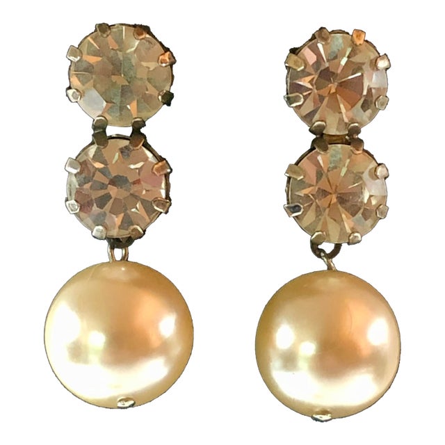 1970s Les Bernard Double Rhinestone and Pearl Drop Earrings - Set of 2 For Sale
