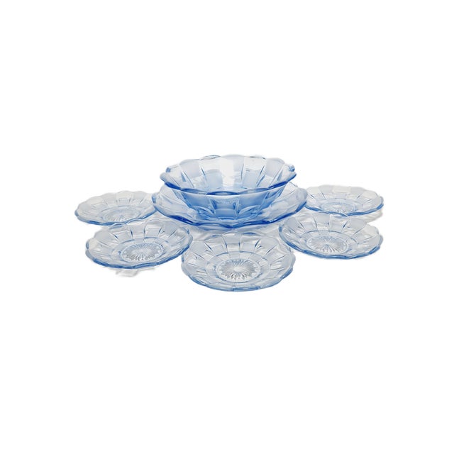 Art Deco Azure Dessert Service from Niemen Glassworks, Poland, 1930s, Set of 7 For Sale - Image 4 of 5