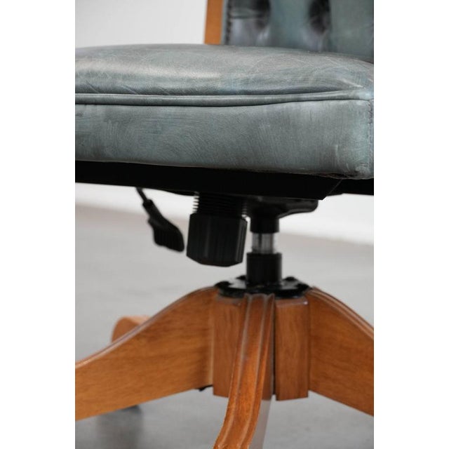 English Style Chesterfield Swivel Desk Chair in Light Blue Cowhide and Wood For Sale - Image 14 of 18