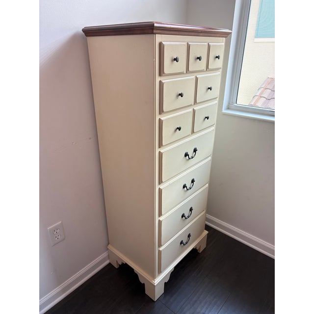 This was my grandmother’s set of drawers. It’s tall and narrow and fits a surprising amount of stuff in the 7 drawers....