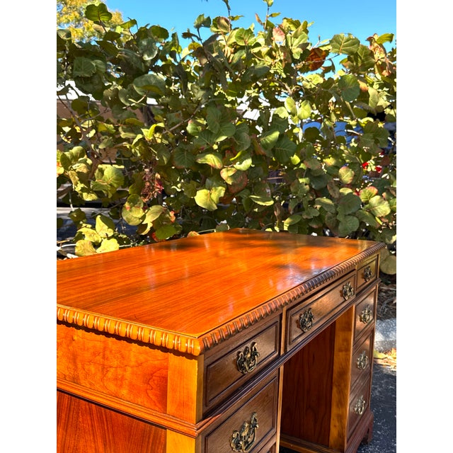 Antique John Wanamaker Solid Wood Pedestal Desk With Brass Hardware For Sale - Image 9 of 9