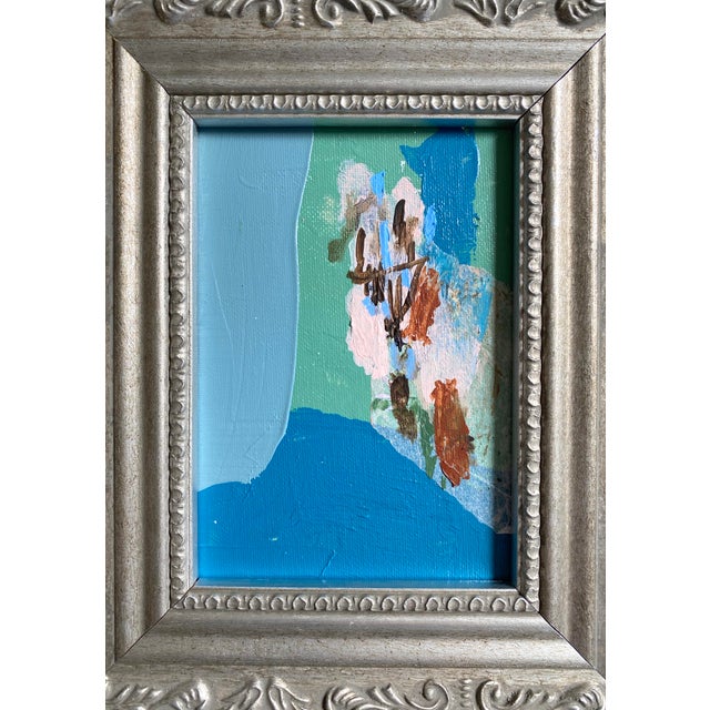 Wood Set of 3 Original Paintings in Blue and Brown With Silver Vintage Frames For Sale - Image 7 of 7