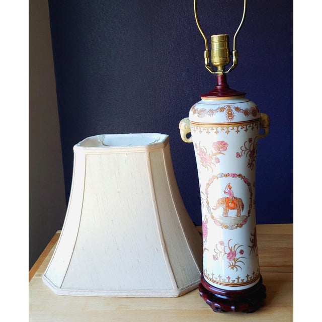 Rose Rare Vintage Chinese Export Famille Rose Lamp - Elephant & Mahout Motif For Sale - Image 8 of 12