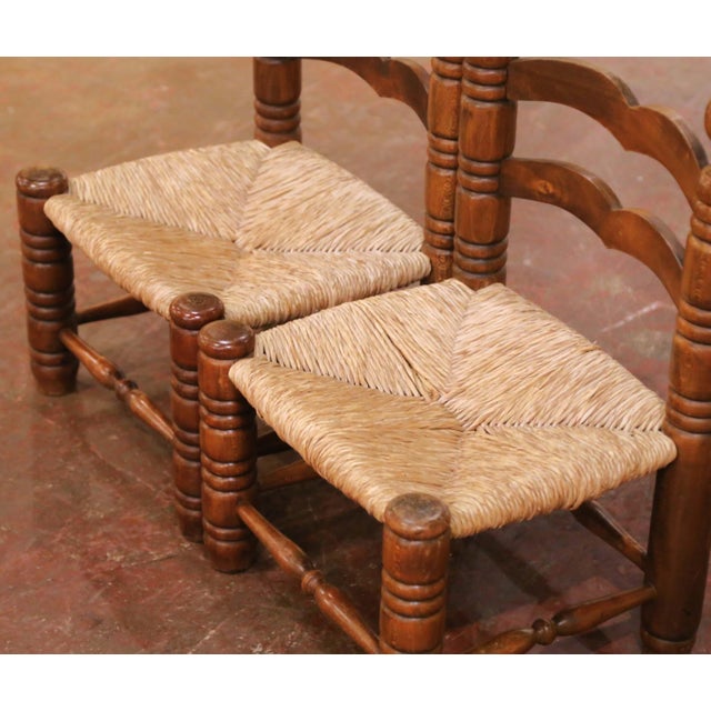 Pair of Early 20th Century French Provincial Low Oak Chairs With Rush Seats For Sale - Image 4 of 10