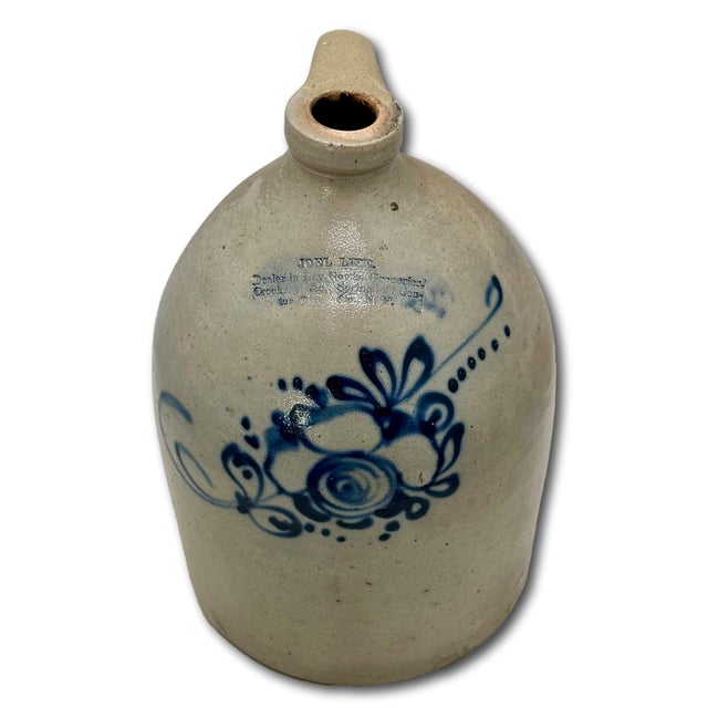 Blue Unusual Antique American Blue Flower Decorated 2 Gallon Jug With Otsego New York Stoneware Merchants Name & Info Circa 1870s For Sale - Image 8 of 18