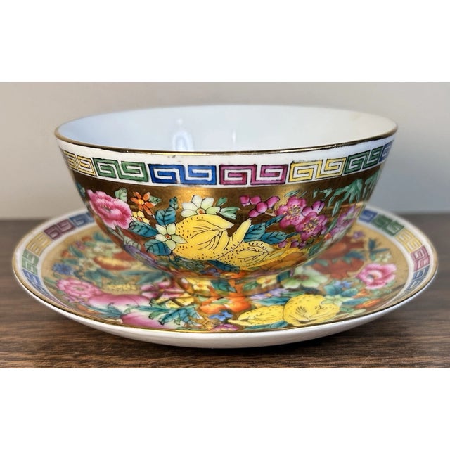 Vintage Chinese Zhongguo Chao Cai Mille Fleur Porcelain Tea Bowl and Saucer Set For Sale - Image 4 of 8