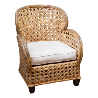 Art Deco Revival French Cane & Rattan Club Chair, C. 1980s For Sale