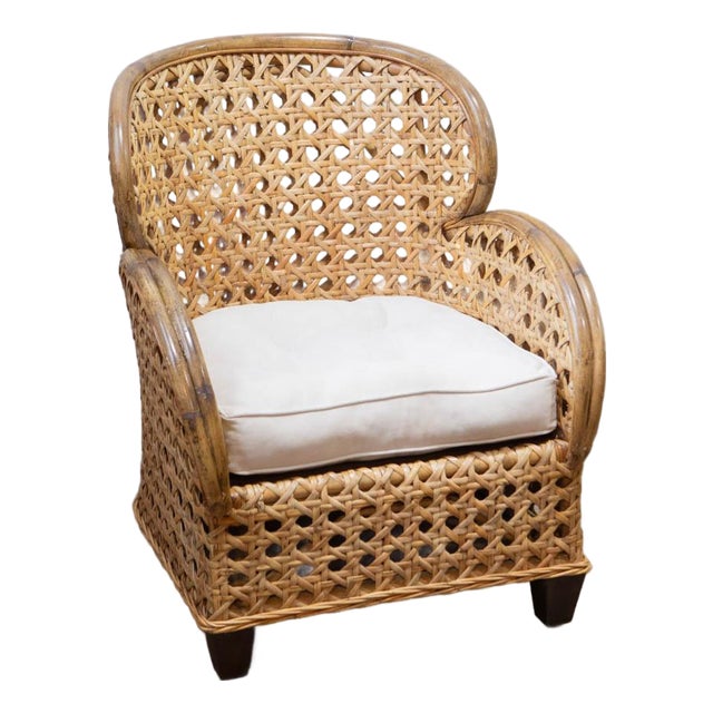 Art Deco Revival French Cane & Rattan Club Chair, C. 1980s For Sale