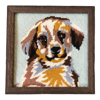 Hand Done Vintage Needlepoint Picture Puppy Dog Original Frame 1970’s For Sale