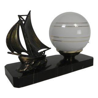 Art Deco Desk Lamp with Sailboat and Globe on Marble Base, 1930s For Sale