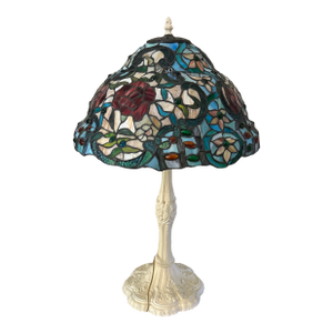 Vintage Art Nouveau Handcrafted Meyda Tiffany Style Rose Stained Glass Table Lamp