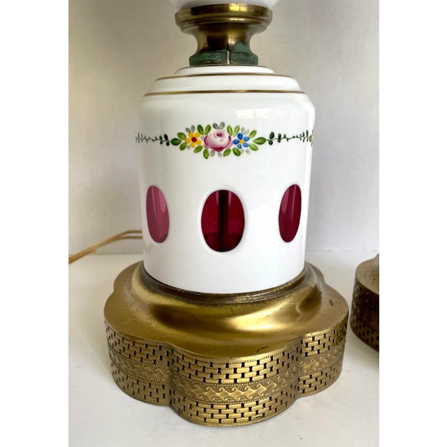 Traditional Antique Bohemian Czech Glass Floral and Brass Lamps - a Pair For Sale - Image 3 of 13