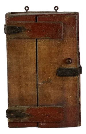 Early 19th C. Americana Primitive Small Handmade Wall Cupboard With Leather Straps Hinges & Latch