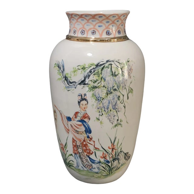 Vintage Asian Japanese Inspired Hand Painted Figural Geisha Floral Vase Signed For Sale