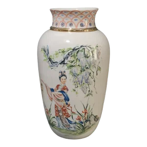 Vintage Asian Japanese Inspired Hand Painted Figural Geisha Floral Vase Signed