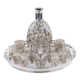 Liqueur Set with Pierced Sterling Silver Overlay, Set of 14 For Sale