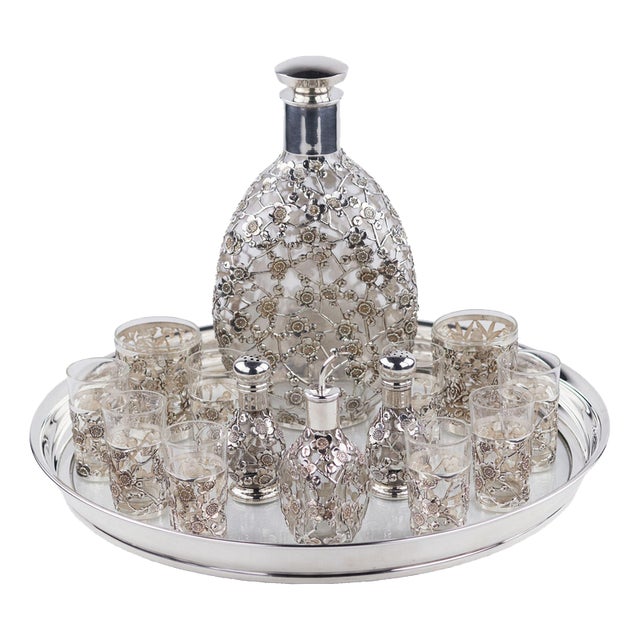 Liqueur Set with Pierced Sterling Silver Overlay, Set of 14 For Sale