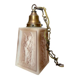 Antique Art Deco Case Glass Fairy Brass Hanging Ceiling Chandelier Pendant Lamp For Sale
