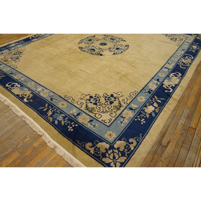 Textile 1920s Beige Field Floral Deco Medallion Antique Chinese Peking Rug 10' X 11'6'' For Sale - Image 7 of 10