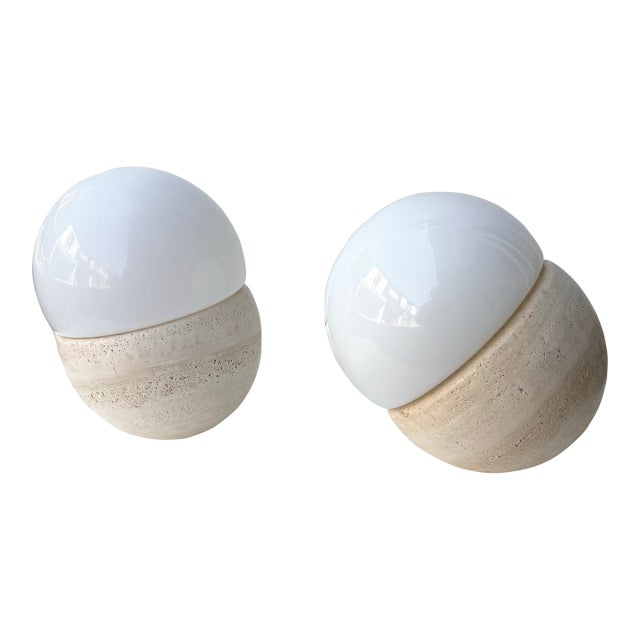 Pair of Travertine and Opaline Glass Culbuto Lamps Italy, 1980s For Sale