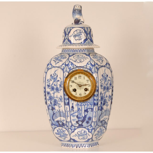 Antique Delft Vase Clock, Blue White Chinoiserie Vase Kangxi Style, Foo Dog Finial For Sale - Image 14 of 14
