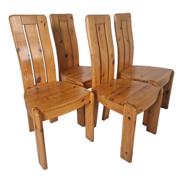Brutalist Scandinavian Pine Chairs, 1970s, Set of 4 For Sale
