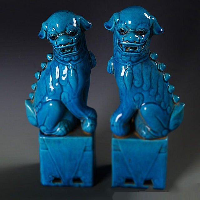 Traditional Pair of Vintage Peacock Blue Glazed Guardian Lions – 12.6" Foo Dogs on Pedestals For Sale - Image 3 of 6